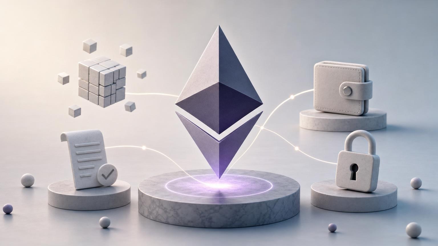 Ethereum term map showing how ETH, gas, wallet addresses, transactions and smart contracts connect on the blockchain